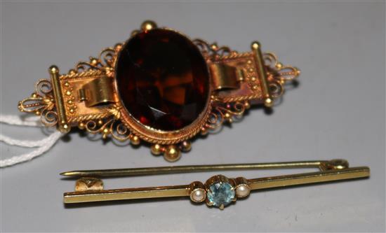 Two 15ct gold gem set brooches, largest 2in.